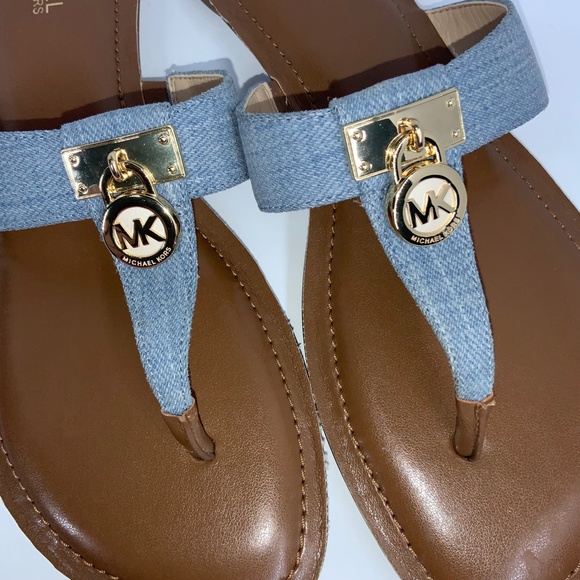 Michael Kors Hamilton Denim/Brown Leather Sandals Size 7.5 - Picture 2 of 6